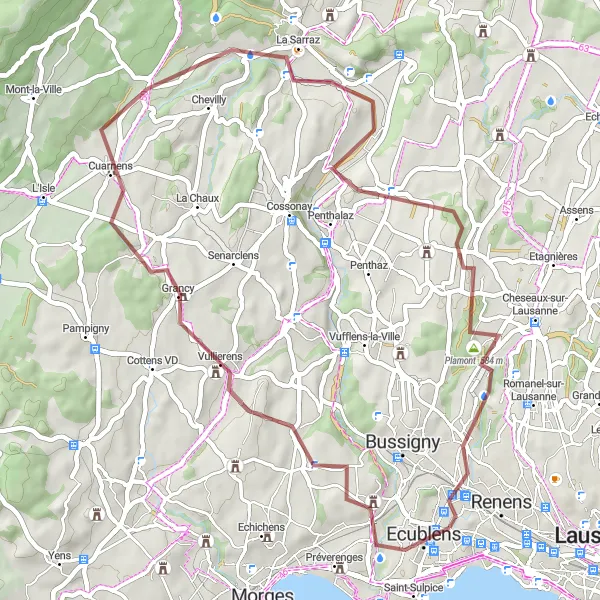 Miniature de la carte de l'inspiration cycliste "Les Châteaux du Gros-de-Vaud" dans la Région lémanique, Switzerland. Générée par le planificateur d'itinéraire cycliste Tarmacs.app