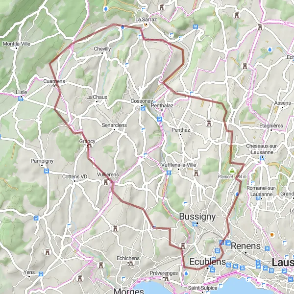 Map miniature of "Serene Gravel Ride to Chavannes-le-Veyron" cycling inspiration in Région lémanique, Switzerland. Generated by Tarmacs.app cycling route planner