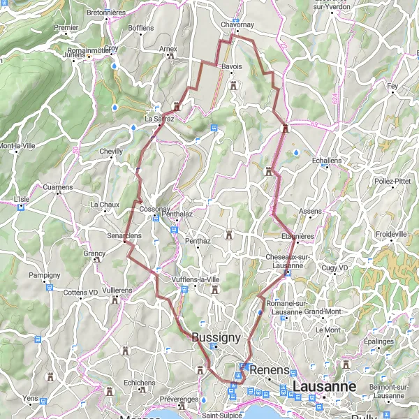 Kartminiatyr av "Grustur gjennom Rhône/Rhin-vannskillet" sykkelinspirasjon i Région lémanique, Switzerland. Generert av Tarmacs.app sykkelrutoplanlegger