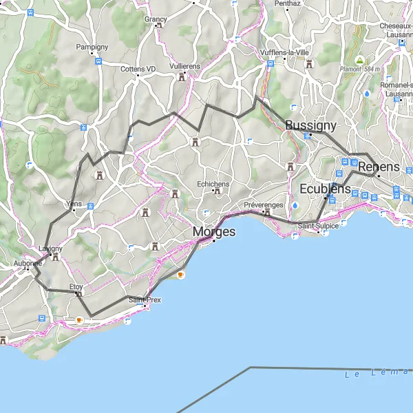 Kartminiatyr av "Historisk cykeltur genom pittoreska byar" cykelinspiration i Région lémanique, Switzerland. Genererad av Tarmacs.app cykelruttplanerare