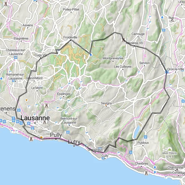 Zemljevid v pomanjšavi "Vinska pot" kolesarske inspiracije v Région lémanique, Switzerland. Generirano z načrtovalcem kolesarskih poti Tarmacs.app