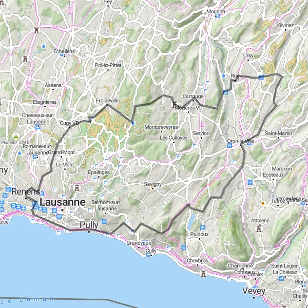 Zemljevid v pomanjšavi "Sproščujoča cestna krožna tura ob Rénens" kolesarske inspiracije v Région lémanique, Switzerland. Generirano z načrtovalcem kolesarskih poti Tarmacs.app