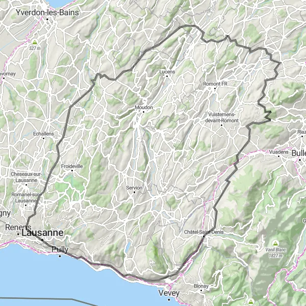 Miniatua del mapa de inspiración ciclista "Recorrido hacia Sâles (Gruyère) y Mont Vuarat" en Région lémanique, Switzerland. Generado por Tarmacs.app planificador de rutas ciclistas