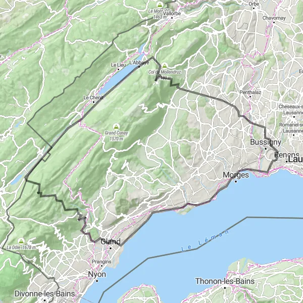 Miniature de la carte de l'inspiration cycliste "Tour du Lac Léman" dans la Région lémanique, Switzerland. Générée par le planificateur d'itinéraire cycliste Tarmacs.app