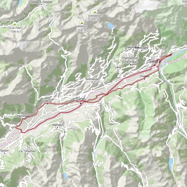 Miniatura della mappa di ispirazione al ciclismo "Gravel delle Meraviglie di Riddes" nella regione di Région lémanique, Switzerland. Generata da Tarmacs.app, pianificatore di rotte ciclistiche