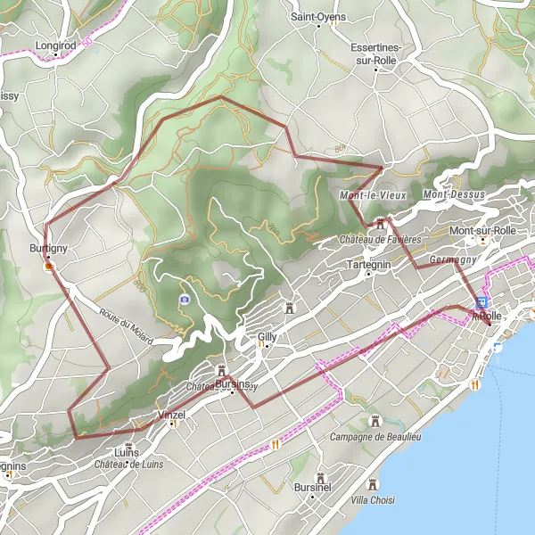 Map miniature of "Rolle Gravel Adventure" cycling inspiration in Région lémanique, Switzerland. Generated by Tarmacs.app cycling route planner