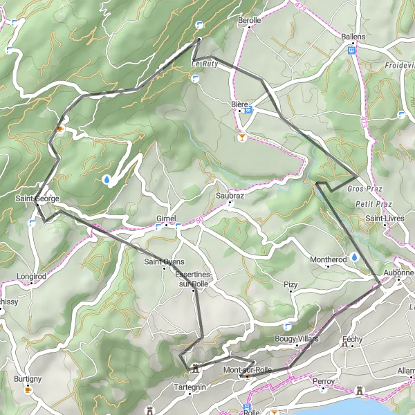 Miniaturní mapa "Aubonne a okolí" inspirace pro cyklisty v oblasti Région lémanique, Switzerland. Vytvořeno pomocí plánovače tras Tarmacs.app