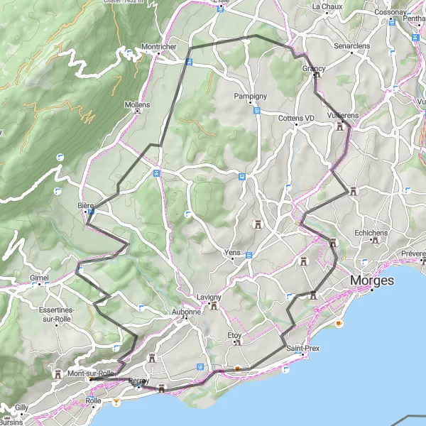 Miniature de la carte de l'inspiration cycliste "Itinéraire panoramique Bougy-Villars - Rolle" dans la Région lémanique, Switzerland. Générée par le planificateur d'itinéraire cycliste Tarmacs.app