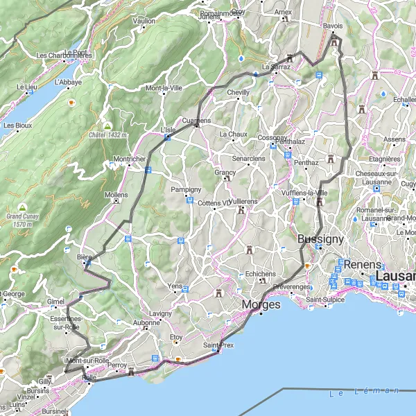 Zemljevid v pomanjšavi "Morges to Rolle Road Ride" kolesarske inspiracije v Région lémanique, Switzerland. Generirano z načrtovalcem kolesarskih poti Tarmacs.app