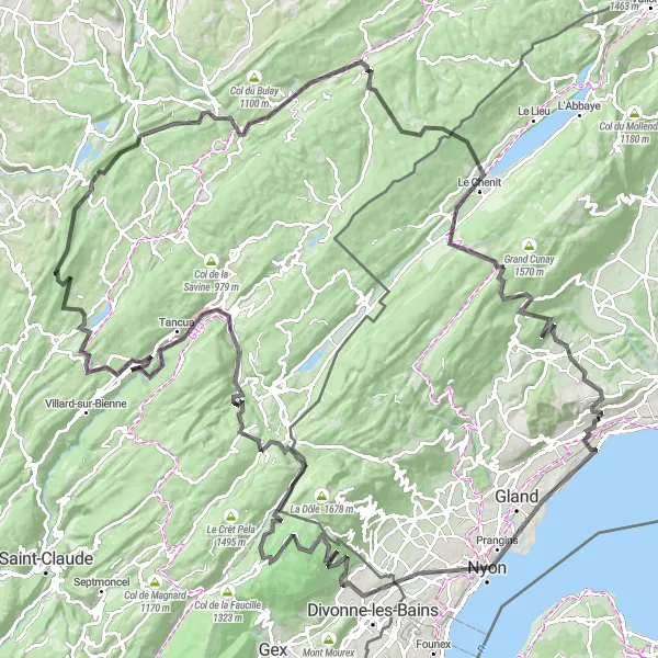 Miniatura della mappa di ispirazione al ciclismo "Giro dei Laghi di Ginevra" nella regione di Région lémanique, Switzerland. Generata da Tarmacs.app, pianificatore di rotte ciclistiche