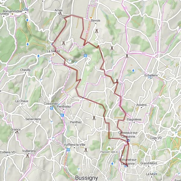 Mapa miniatúra "Cheseaux-sur-Lausanne - Bioley-Orjulaz - La Sarraz - Ligne de partage des eaux Rhône/Rhin - Boussens - Plamont" cyklistická inšpirácia v Région lémanique, Switzerland. Vygenerované cyklistickým plánovačom trás Tarmacs.app