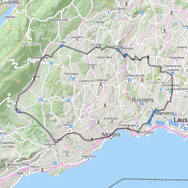 Map miniature of "Romanel-sur-Lausanne Road Expedition" cycling inspiration in Région lémanique, Switzerland. Generated by Tarmacs.app cycling route planner