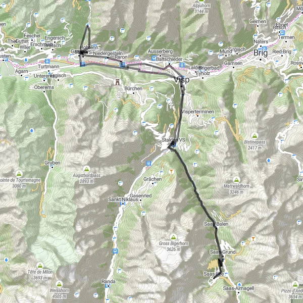 Miniaturní mapa "Významná cyklotrasa přes Visp a Saas-Grund" inspirace pro cyklisty v oblasti Région lémanique, Switzerland. Vytvořeno pomocí plánovače tras Tarmacs.app
