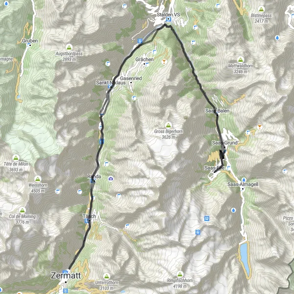 Miniaturní mapa "Cyklotrasa do Zermattu přes Zermatt" inspirace pro cyklisty v oblasti Région lémanique, Switzerland. Vytvořeno pomocí plánovače tras Tarmacs.app