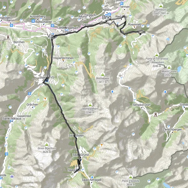 Zemljevid v pomanjšavi "Raznolika pot proti Saas-Fee" kolesarske inspiracije v Région lémanique, Switzerland. Generirano z načrtovalcem kolesarskih poti Tarmacs.app