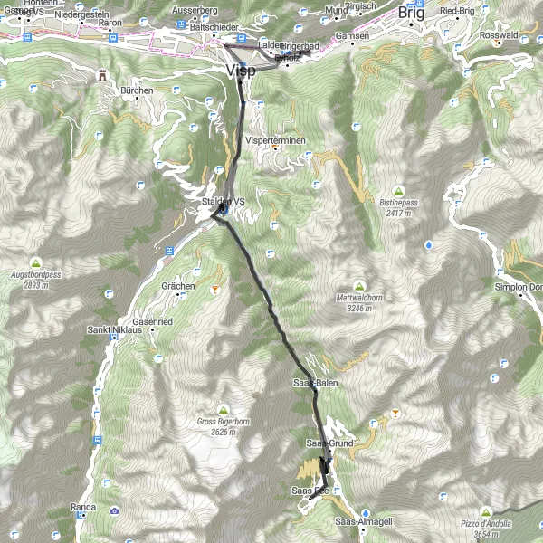 Miniature de la carte de l'inspiration cycliste "Boucle à travers Lalden et Stalden VS" dans la Région lémanique, Switzerland. Générée par le planificateur d'itinéraire cycliste Tarmacs.app