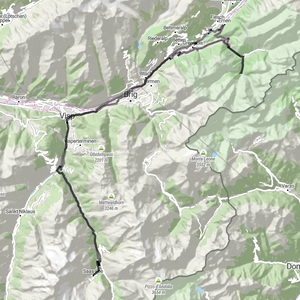 Map miniature of "Saas-Fee Loop" cycling inspiration in Région lémanique, Switzerland. Generated by Tarmacs.app cycling route planner