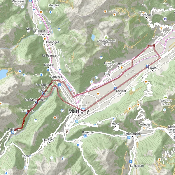 Miniatua del mapa de inspiración ciclista "Ruta de grava a Saillon y alrededores" en Région lémanique, Switzerland. Generado por Tarmacs.app planificador de rutas ciclistas