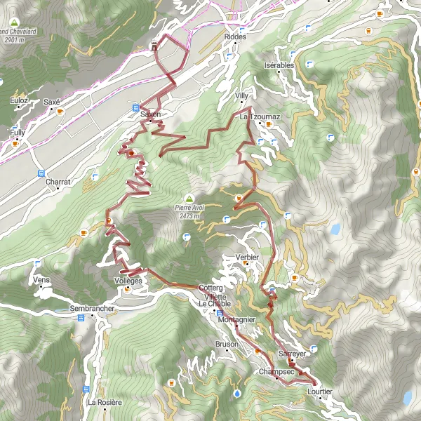 Miniaturní mapa "Náročná Gravelová Trasa kolem Saillonu" inspirace pro cyklisty v oblasti Région lémanique, Switzerland. Vytvořeno pomocí plánovače tras Tarmacs.app