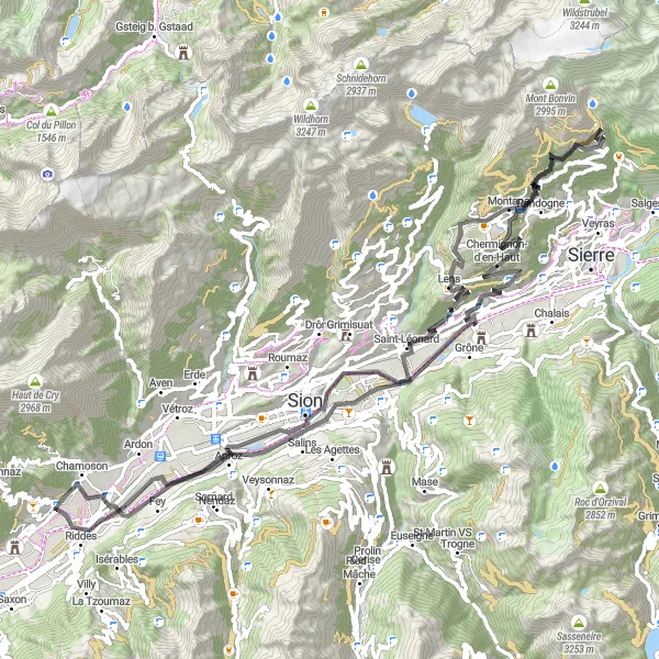 Miniatuurkaart van de fietsinspiratie "Roadtrip door de wijngaarden van Riddes en Saint-Pierre-de-Clages" in Région lémanique, Switzerland. Gemaakt door de Tarmacs.app fietsrouteplanner