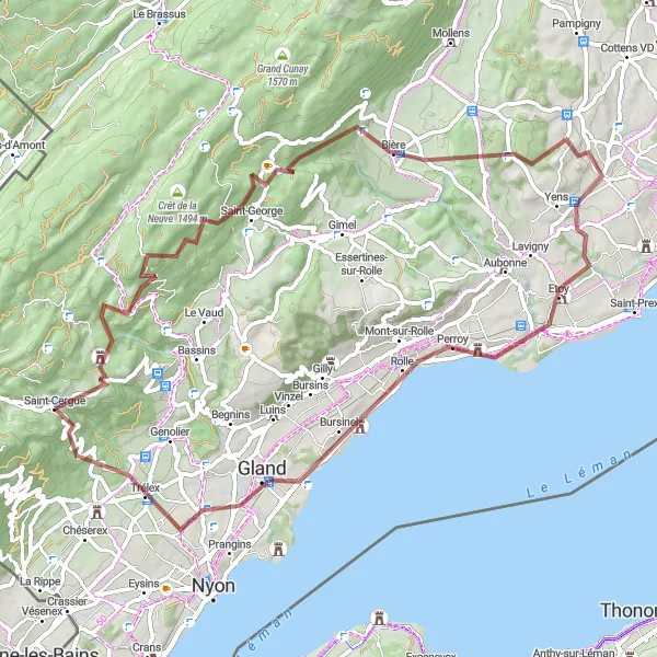 Mapa miniatúra "Gravelový okruh kolem Saint-Cergue a Reverolle" cyklistická inšpirácia v Région lémanique, Switzerland. Vygenerované cyklistickým plánovačom trás Tarmacs.app