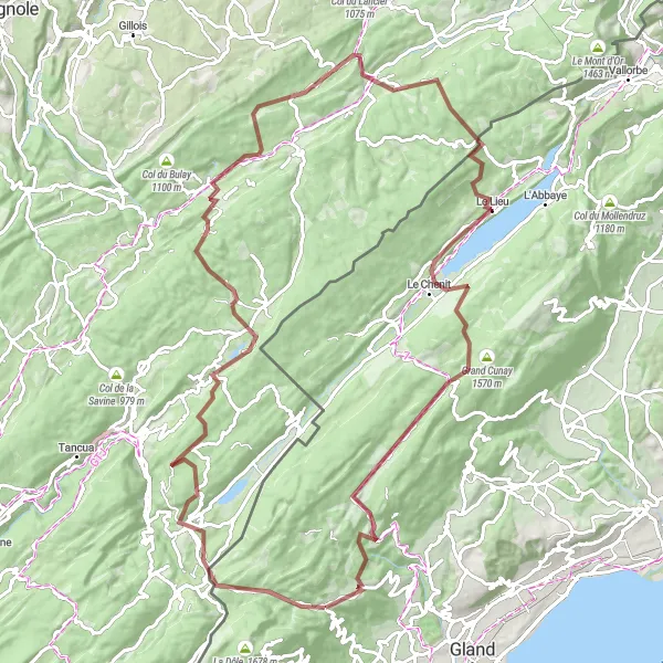 Map miniature of "Challenging Gravel Cycling Loop via Col de la Givrine and Lac de Joux" cycling inspiration in Région lémanique, Switzerland. Generated by Tarmacs.app cycling route planner