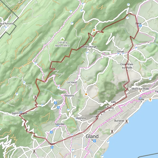 Miniaturekort af cykelinspirationen "Kulturelle skatte og naturskønne udsigter langs vejen" i Région lémanique, Switzerland. Genereret af Tarmacs.app cykelruteplanlægger