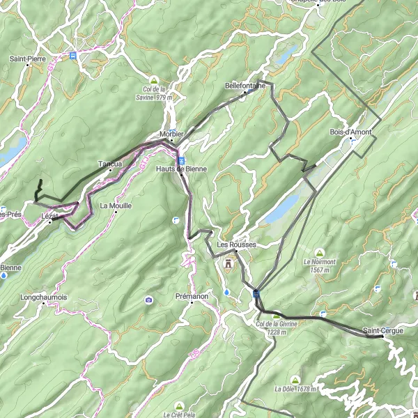Map miniature of "Scenic Road Cycling Tour around Les Rousses" cycling inspiration in Région lémanique, Switzerland. Generated by Tarmacs.app cycling route planner
