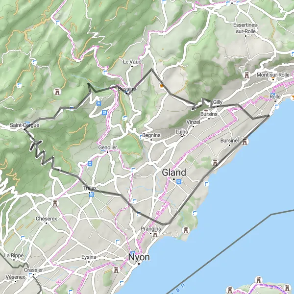 Miniatura della mappa di ispirazione al ciclismo "Giro in bicicletta di Saint-Cergue a Rolle" nella regione di Région lémanique, Switzerland. Generata da Tarmacs.app, pianificatore di rotte ciclistiche