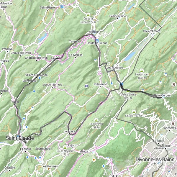 Map miniature of "Saint-Cergue Loop" cycling inspiration in Région lémanique, Switzerland. Generated by Tarmacs.app cycling route planner