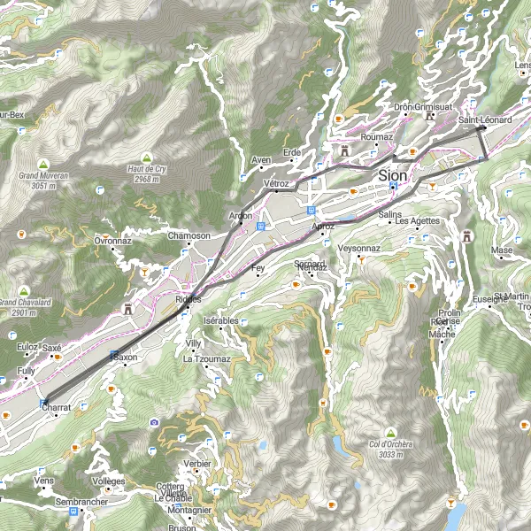 Mapa miniatúra "Road Salins to Molignon Loop" cyklistická inšpirácia v Région lémanique, Switzerland. Vygenerované cyklistickým plánovačom trás Tarmacs.app