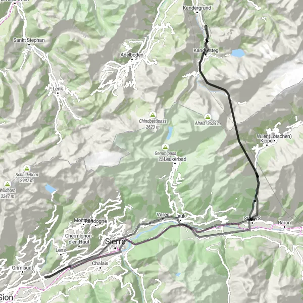 Map miniature of "Legendary Climbs of Saint-Léonard" cycling inspiration in Région lémanique, Switzerland. Generated by Tarmacs.app cycling route planner