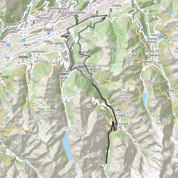 Miniaturekort af cykelinspirationen "Asfaltsykeltur til Arolla via Evolène" i Région lémanique, Switzerland. Genereret af Tarmacs.app cykelruteplanlægger