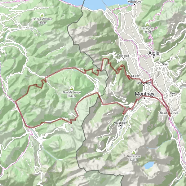 Mapa miniatúra "Gravelové dobrodružstvo v šľachtickom meste Monthey" cyklistická inšpirácia v Région lémanique, Switzerland. Vygenerované cyklistickým plánovačom trás Tarmacs.app