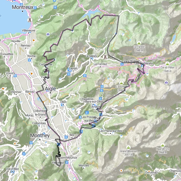 Miniaturní mapa "Silniční Trasa od Vérossaz až k Bex" inspirace pro cyklisty v oblasti Région lémanique, Switzerland. Vytvořeno pomocí plánovače tras Tarmacs.app