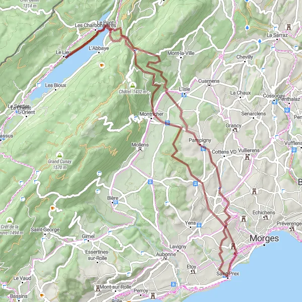 Miniatura della mappa di ispirazione al ciclismo "Giro in bicicletta su strada sterrata intorno a Saint-Prex" nella regione di Région lémanique, Switzerland. Generata da Tarmacs.app, pianificatore di rotte ciclistiche