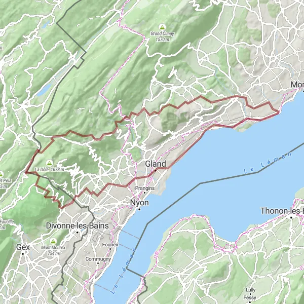 Miniatura della mappa di ispirazione al ciclismo "Tour in bicicletta Gravel tra laghi e boschi" nella regione di Région lémanique, Switzerland. Generata da Tarmacs.app, pianificatore di rotte ciclistiche