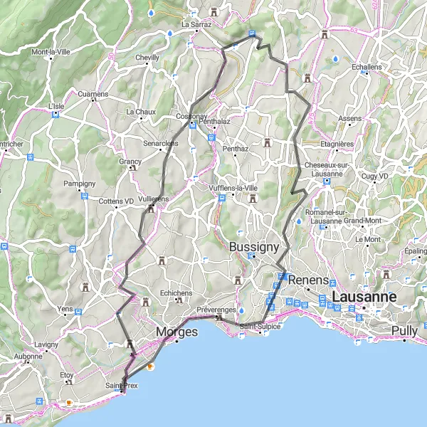 Miniatua del mapa de inspiración ciclista "Descubriendo Vullierens y Morges" en Région lémanique, Switzerland. Generado por Tarmacs.app planificador de rutas ciclistas