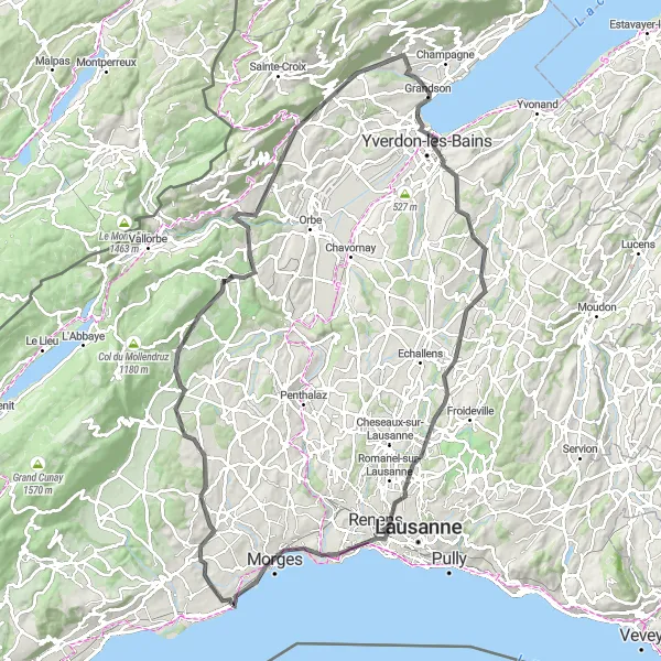 Miniatura della mappa di ispirazione al ciclismo "Giro in bicicletta su strada panoramica vicino a Saint-Prex" nella regione di Région lémanique, Switzerland. Generata da Tarmacs.app, pianificatore di rotte ciclistiche