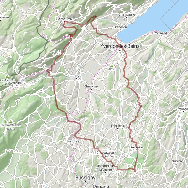 Miniatura della mappa di ispirazione al ciclismo "Avventura ciclistica tra Sainte-Croix e Mont de Baulmes" nella regione di Région lémanique, Switzerland. Generata da Tarmacs.app, pianificatore di rotte ciclistiche