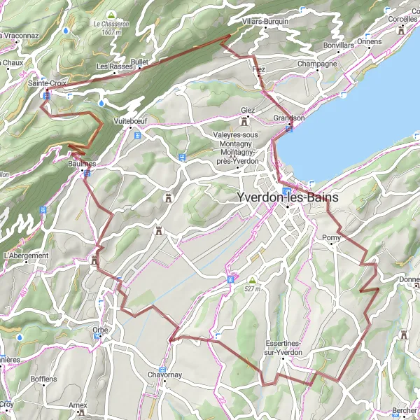 Miniaturekort af cykelinspirationen "Grusvej cykelrute til Fiez og Cronay" i Région lémanique, Switzerland. Genereret af Tarmacs.app cykelruteplanlægger