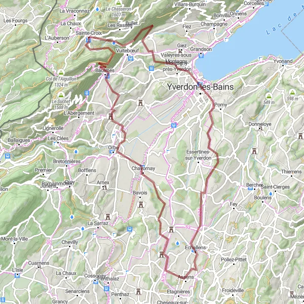 Zemljevid v pomanjšavi "Gravelska avantura skozi Yverdon-les-Bains" kolesarske inspiracije v Région lémanique, Switzerland. Generirano z načrtovalcem kolesarskih poti Tarmacs.app