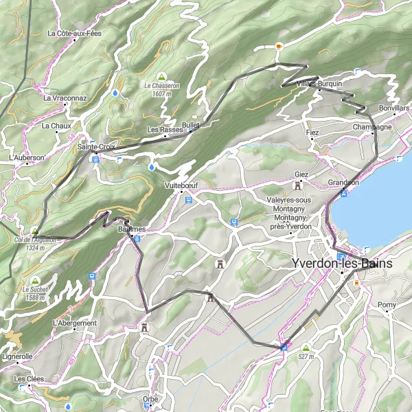 Mapa miniatúra "Prieskumná jazda v okolí Valeyres" cyklistická inšpirácia v Région lémanique, Switzerland. Vygenerované cyklistickým plánovačom trás Tarmacs.app