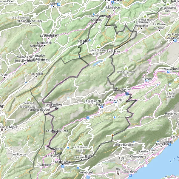 Karten-Miniaturansicht der Radinspiration "Herausfordernde Straßenfahrt in der Region Sainte-Croix" in Région lémanique, Switzerland. Erstellt vom Tarmacs.app-Routenplaner für Radtouren