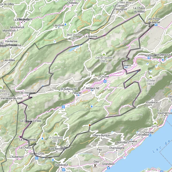 Miniatura della mappa di ispirazione al ciclismo "Giro di ciclismo in strada a La Côte-aux-Fées" nella regione di Région lémanique, Switzerland. Generata da Tarmacs.app, pianificatore di rotte ciclistiche