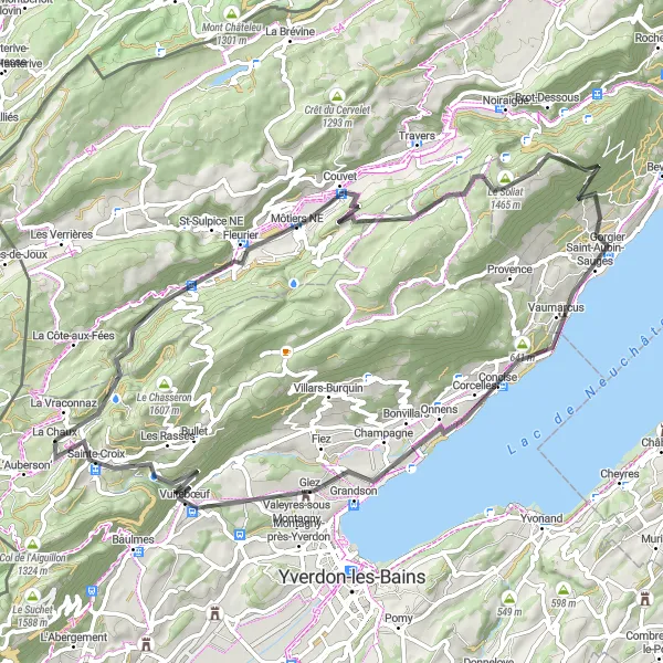 Map miniature of "Creux du Van and Vuitebœuf" cycling inspiration in Région lémanique, Switzerland. Generated by Tarmacs.app cycling route planner