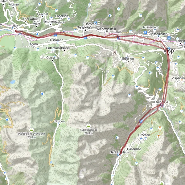 Map miniature of "Stalden VS and Leuk Gravel Adventure" cycling inspiration in Région lémanique, Switzerland. Generated by Tarmacs.app cycling route planner