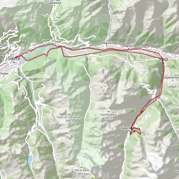 Miniatuurkaart van de fietsinspiratie "Uitdagende gravel rit naar Sierre via Visp" in Région lémanique, Switzerland. Gemaakt door de Tarmacs.app fietsrouteplanner