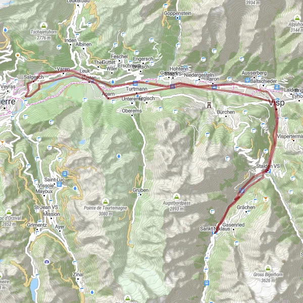 Map miniature of "Sankt Niklaus to Embd Gravel Loop" cycling inspiration in Région lémanique, Switzerland. Generated by Tarmacs.app cycling route planner