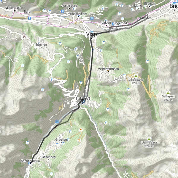 Zemljevid v pomanjšavi "Raziščite Visp in okolico" kolesarske inspiracije v Région lémanique, Switzerland. Generirano z načrtovalcem kolesarskih poti Tarmacs.app